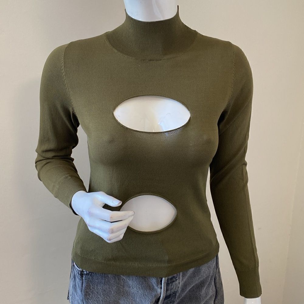 Miaou Eros Army Green Cutout Long Sleeve Thin Knit Mock Neck Sweater Top - Picture 2 of 7